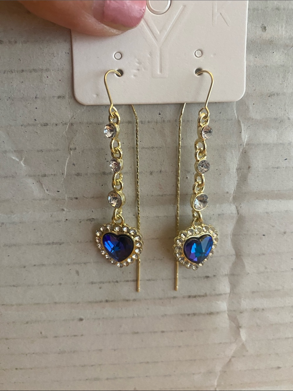 Gold tone threaded Blue Heart Drop Earrings with Crystal Accents NEW NIP - Picture 5 of 5